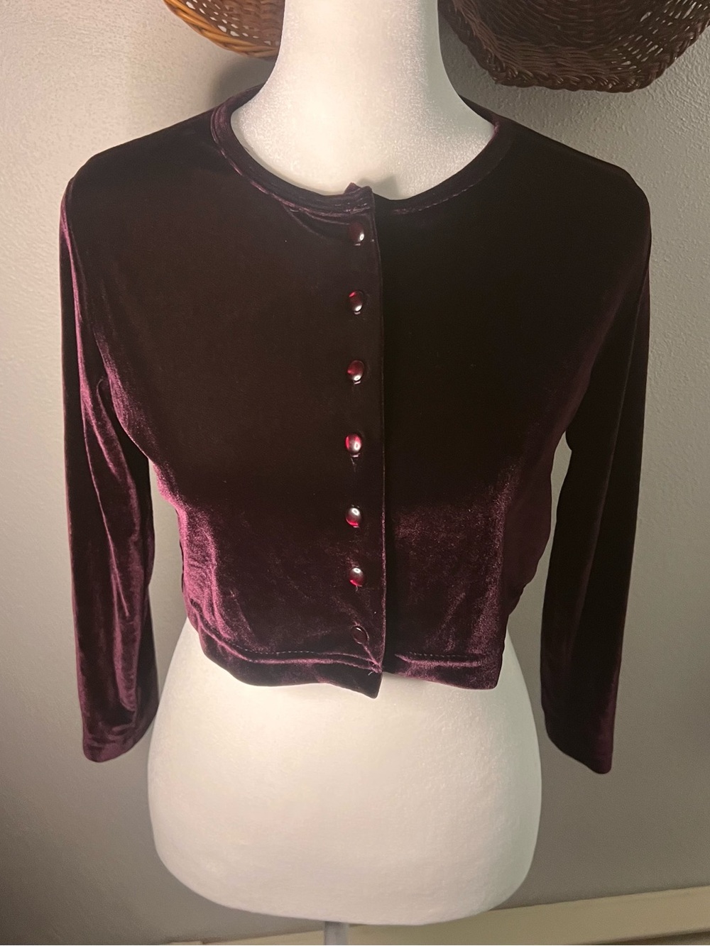 Vintage 90s Next Era Velvet Cropped Cardigan Plum M
